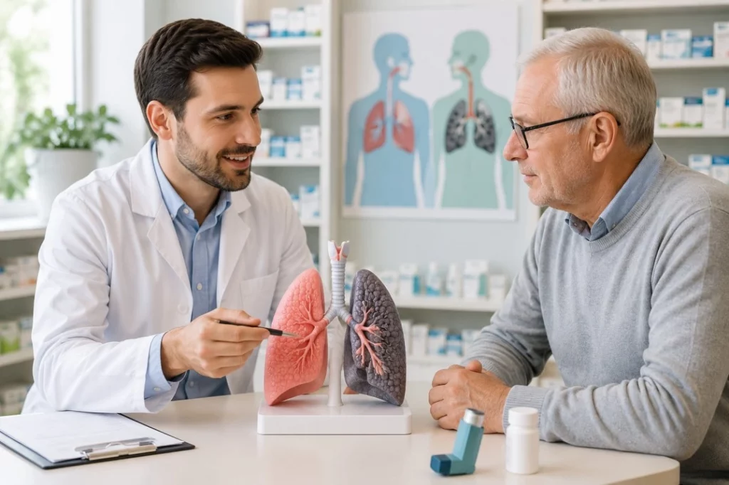 Apotheker berät Patienten zu Asthma und COPD sowie zur richtigen Anwendung von Atemwegsmedikamenten